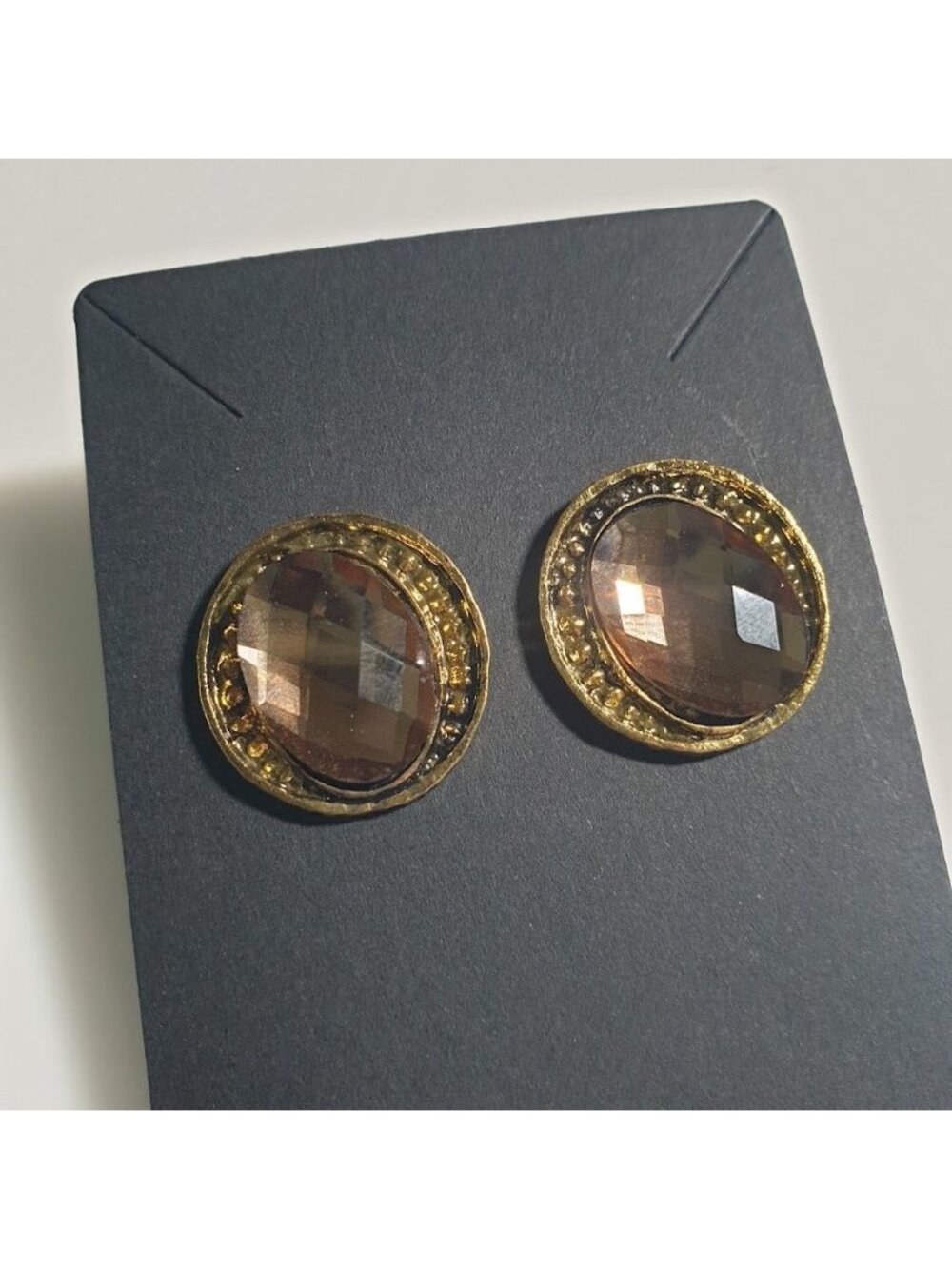 Rhinestone Stud Earrings Round Gold Tone Faceted Acrylic Topaz Stud 1In Diameter